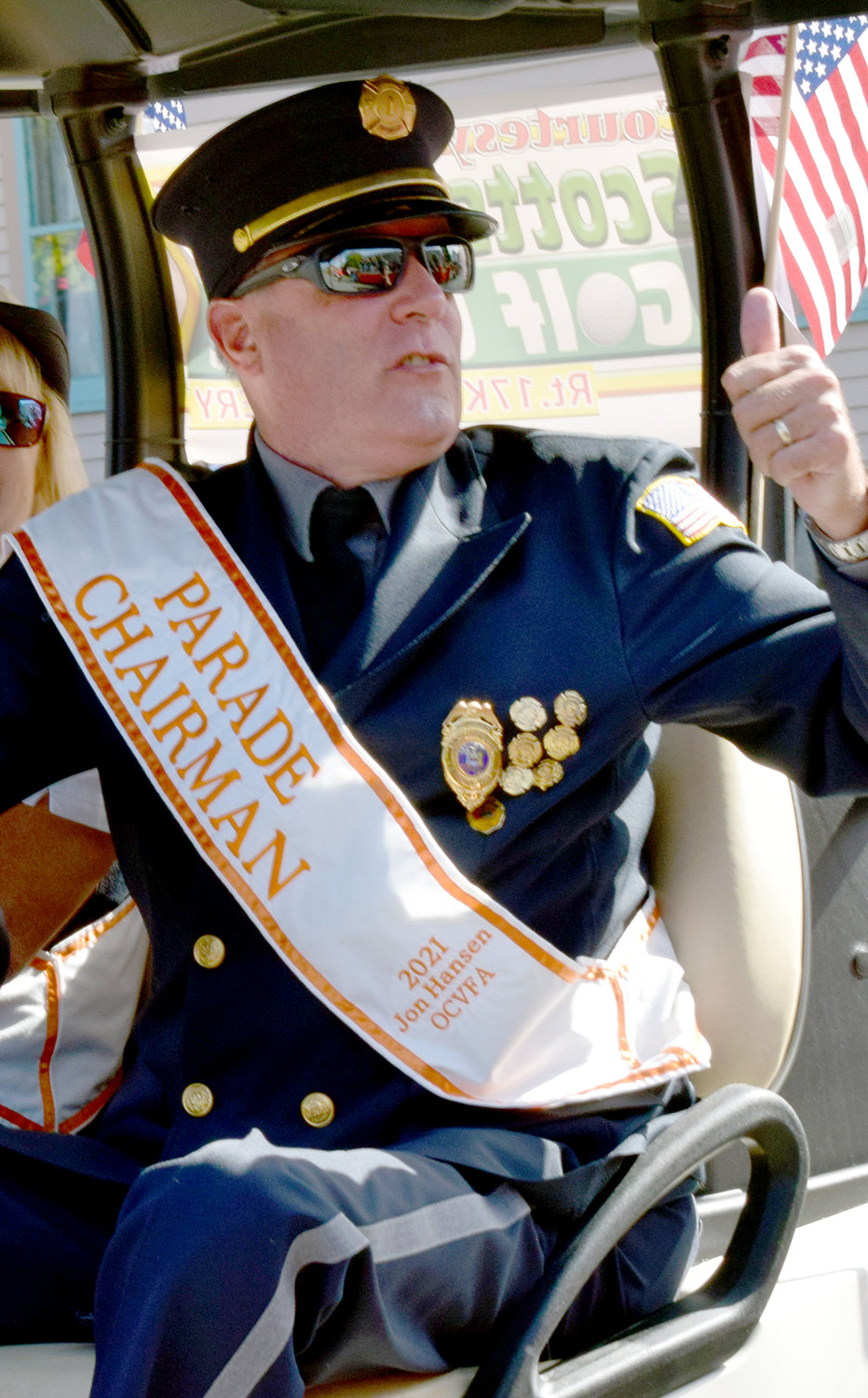 Parade Chairman Eric Scholz of Maybrook, president of the OCVFA, gives thumbs up.